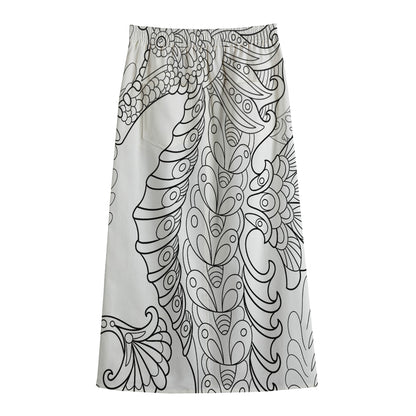 Black And White Seahorse Print Cotton Front Slit Maxi Skirt