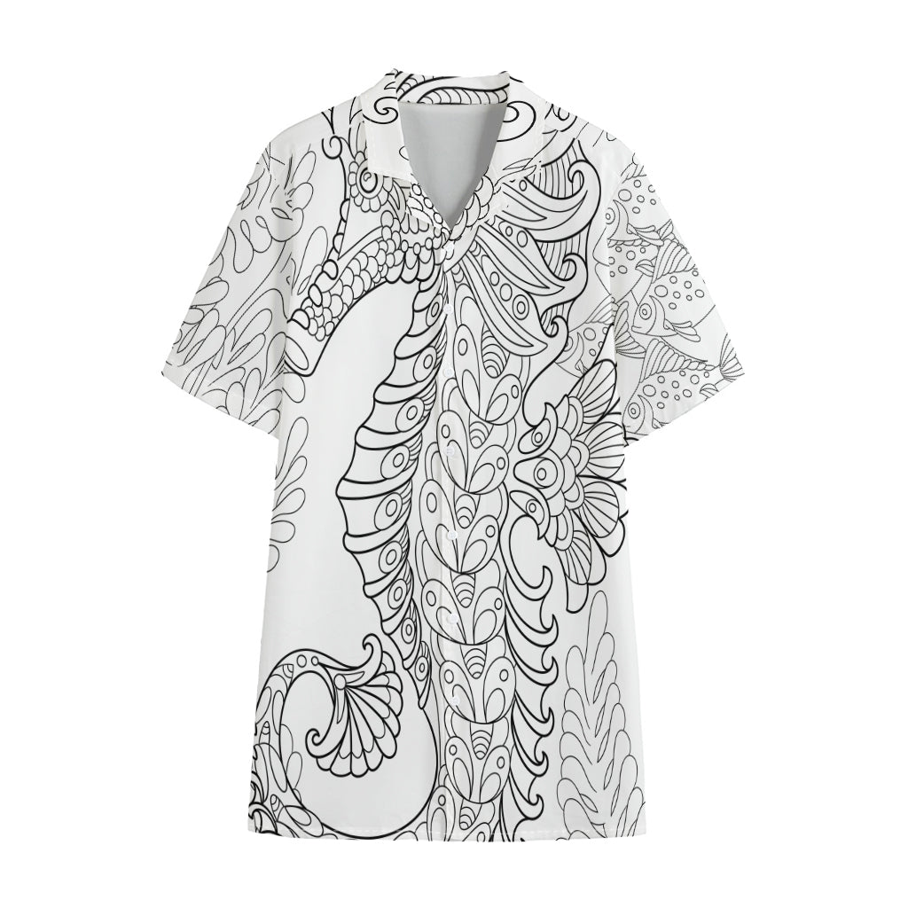 Black And White Seahorse Print Cotton Hawaiian Shirt