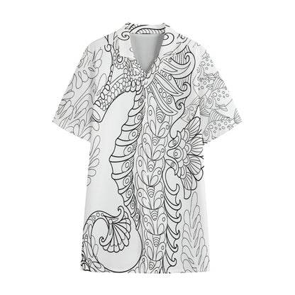 Black And White Seahorse Print Cotton Hawaiian Shirt