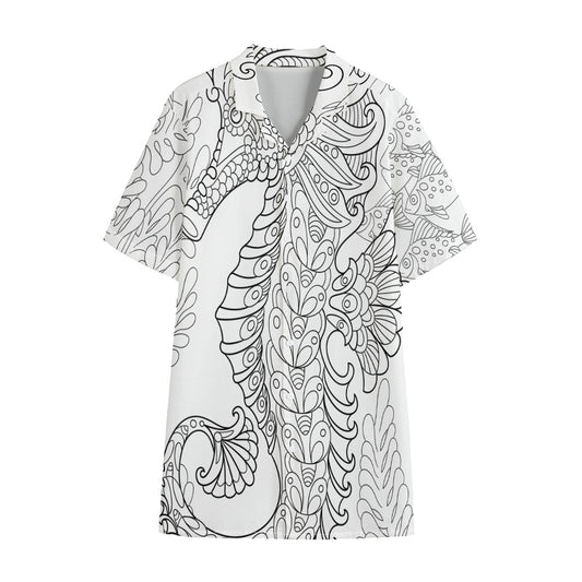 Black And White Seahorse Print Cotton Hawaiian Shirt