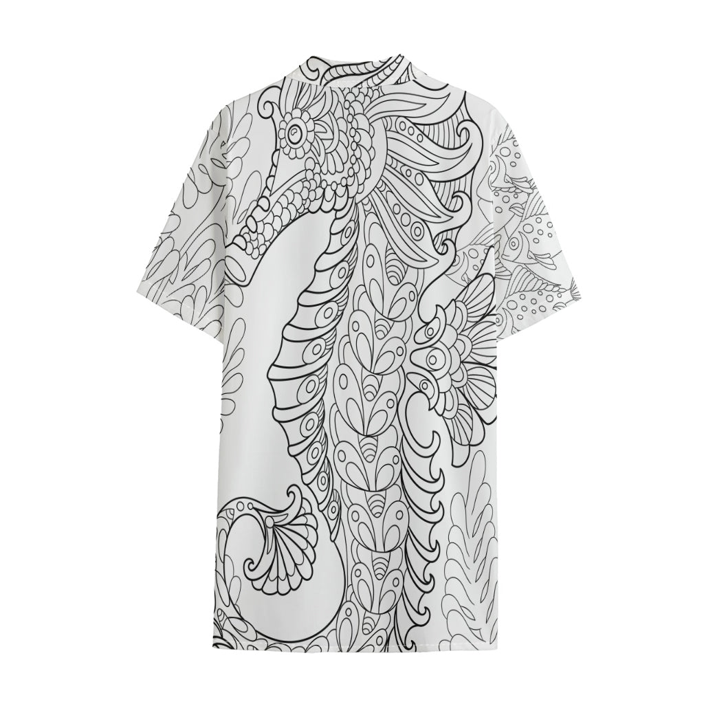 Black And White Seahorse Print Cotton Hawaiian Shirt