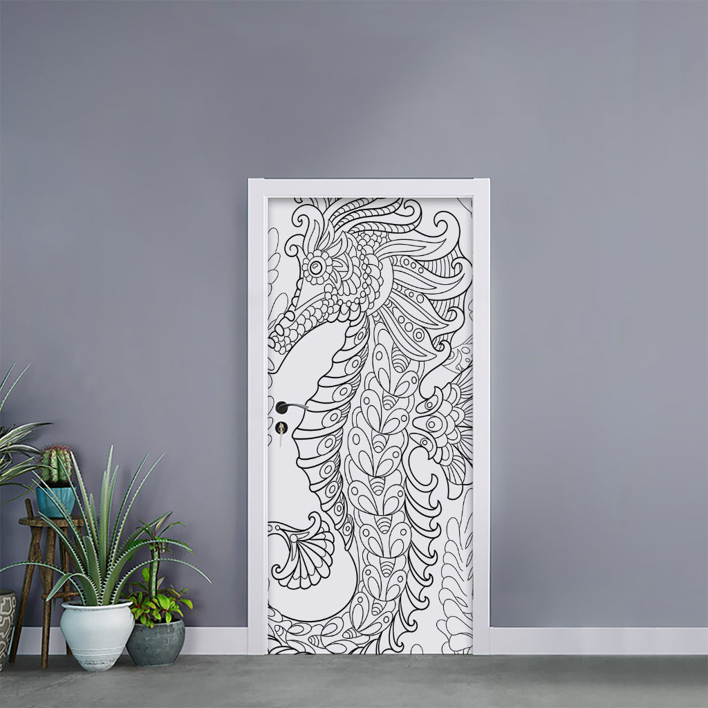 Black And White Seahorse Print Door Sticker