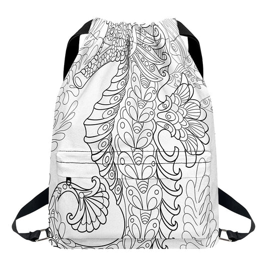 Black And White Seahorse Print Drawstring Backpack