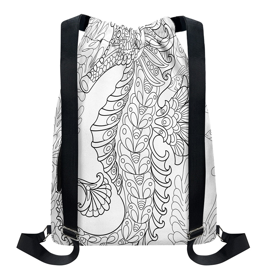 Black And White Seahorse Print Drawstring Backpack