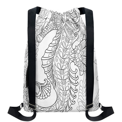 Black And White Seahorse Print Drawstring Backpack