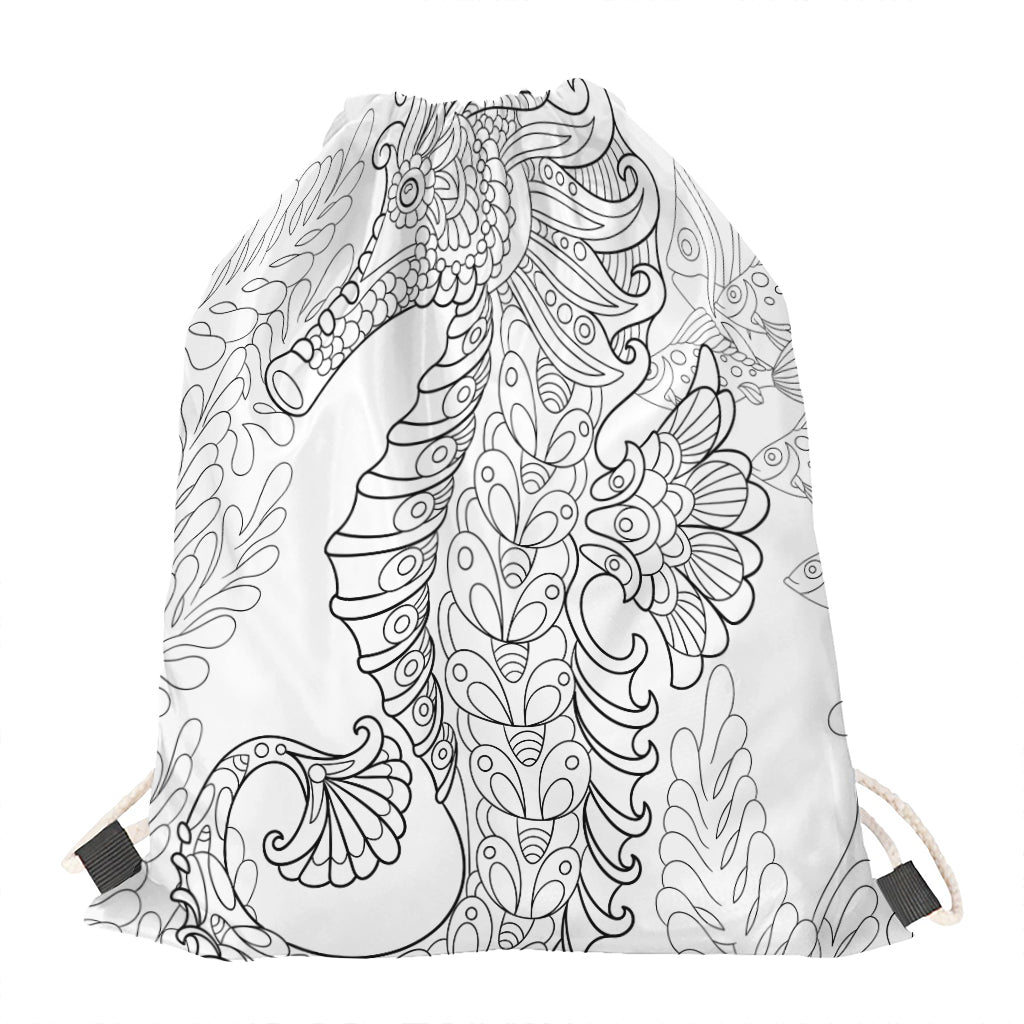 Black And White Seahorse Print Drawstring Bag