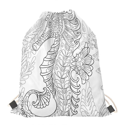 Black And White Seahorse Print Drawstring Bag