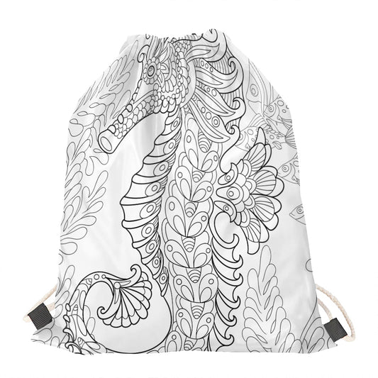 Black And White Seahorse Print Drawstring Bag