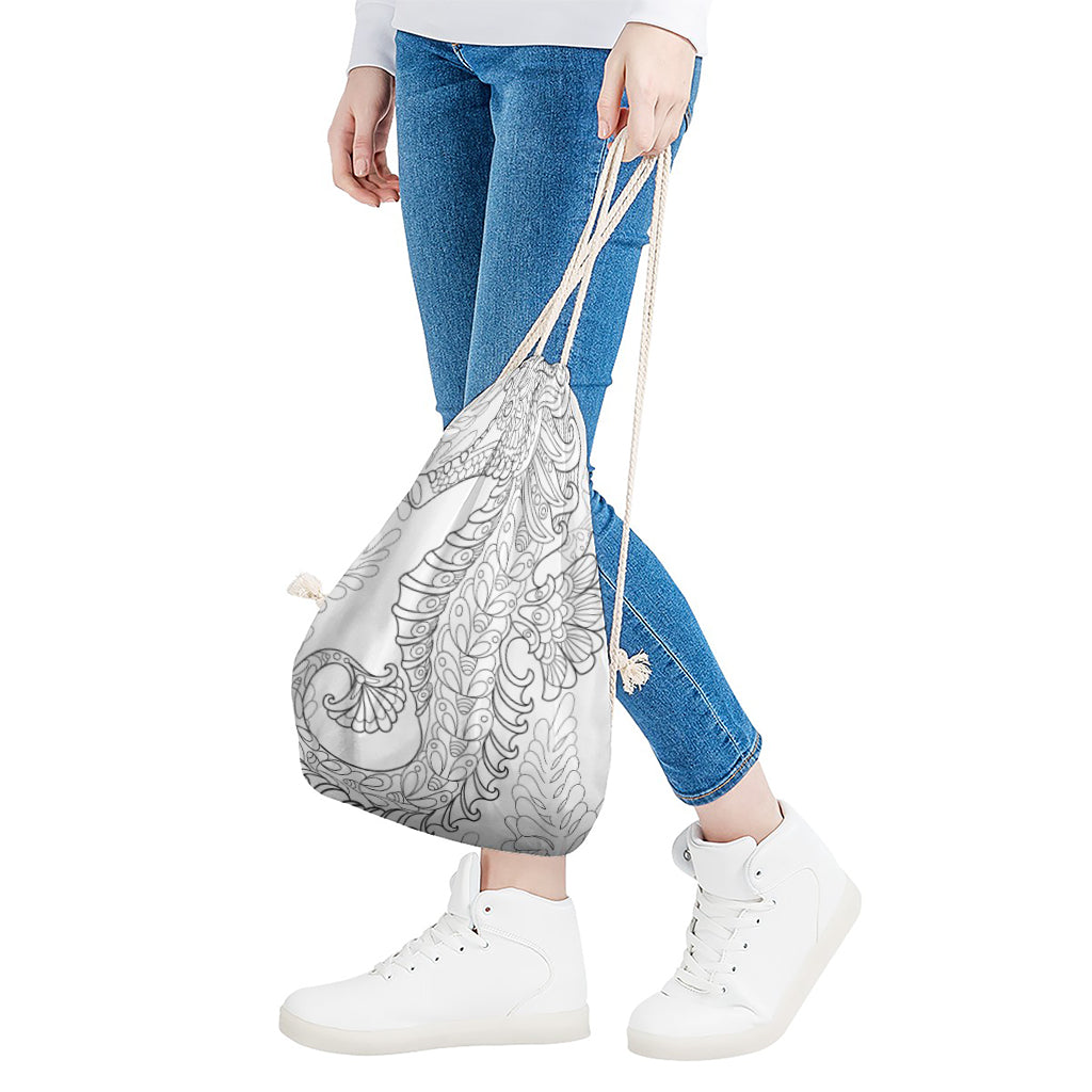Black And White Seahorse Print Drawstring Bag