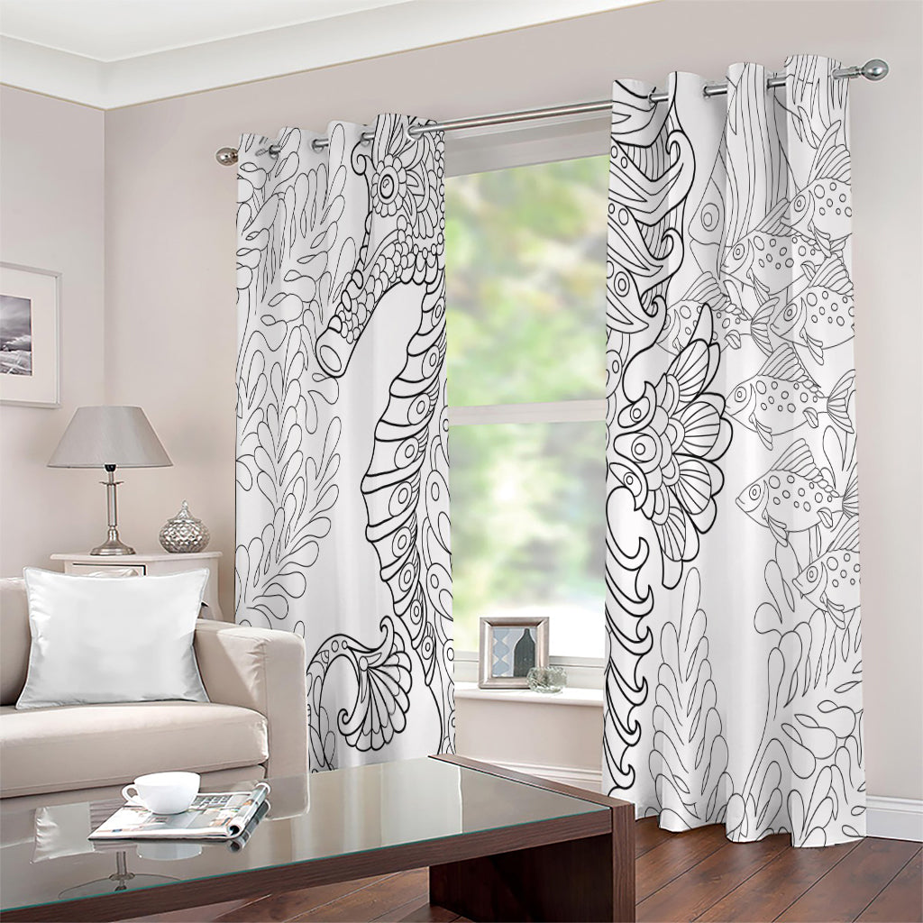 Black And White Seahorse Print Extra Wide Grommet Curtains