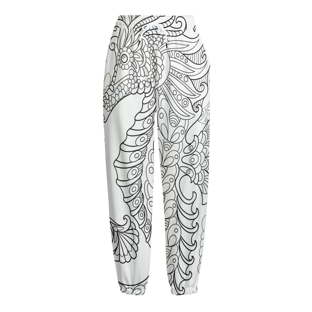 Black And White Seahorse Print Fleece Lined Knit Pants