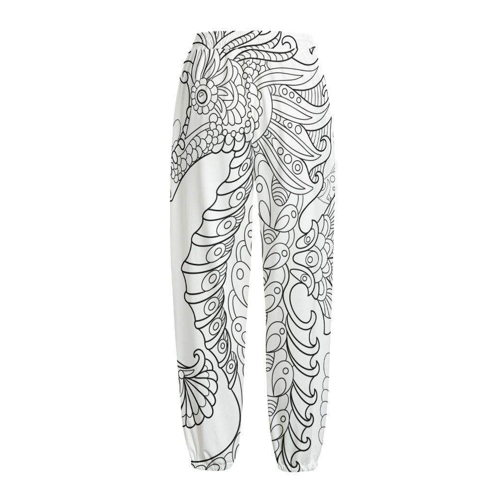 Black And White Seahorse Print Fleece Lined Knit Pants