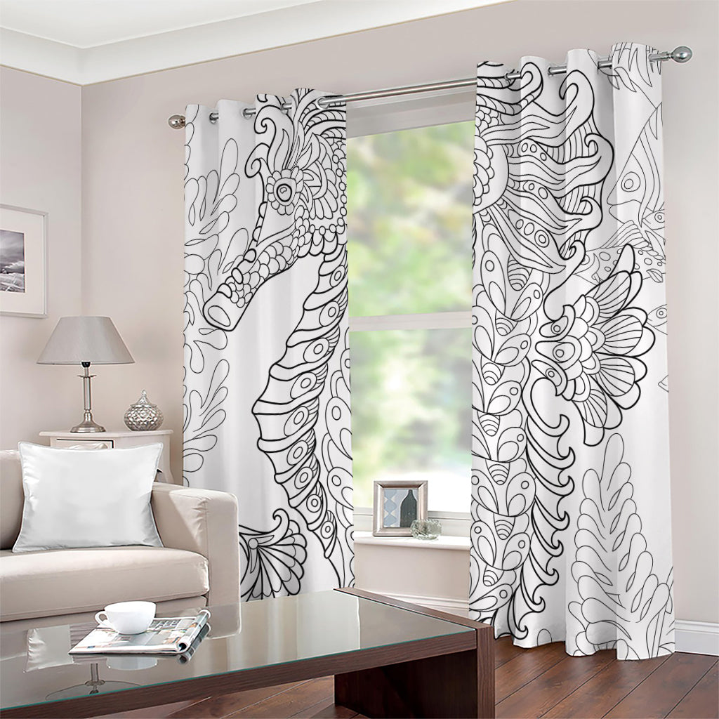 Black And White Seahorse Print Grommet Curtains