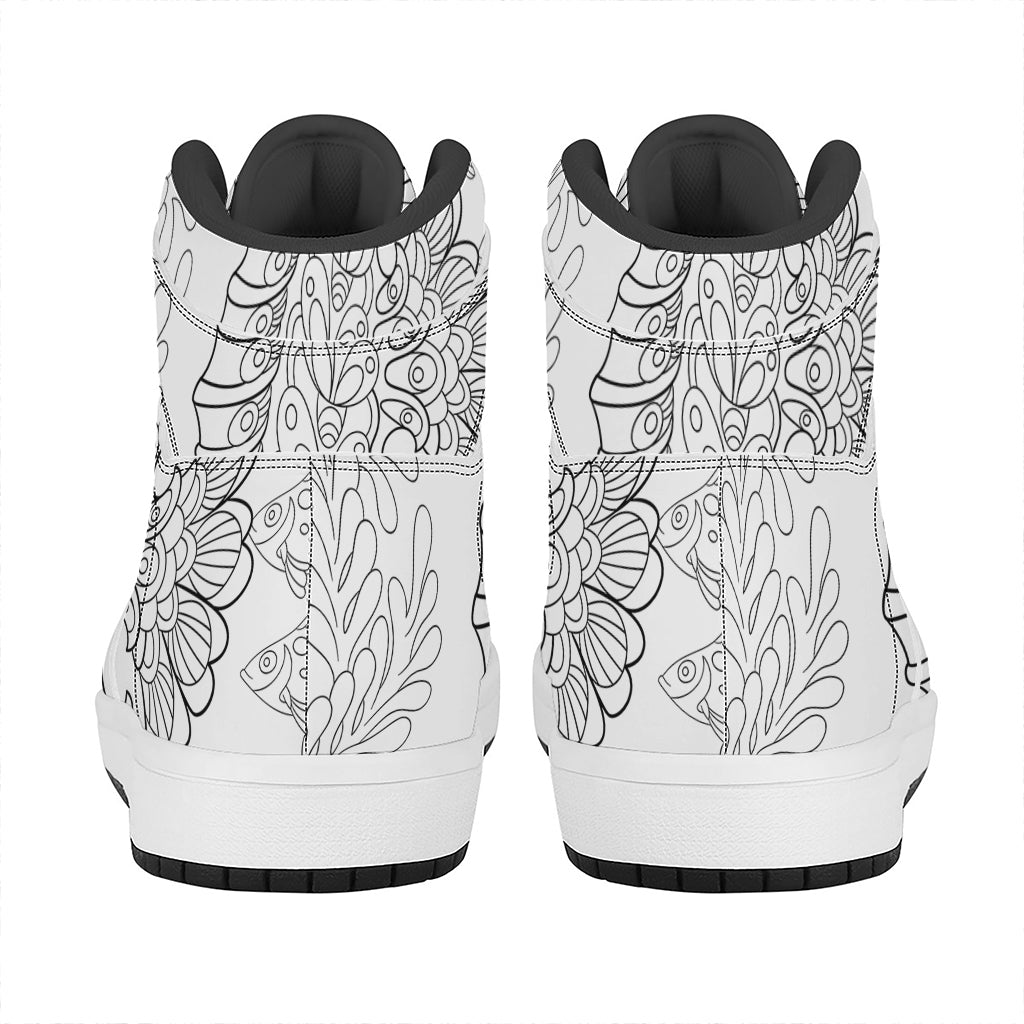 Black And White Seahorse Print High Top Leather Sneakers