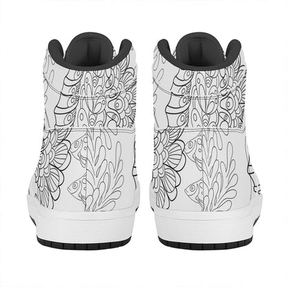 Black And White Seahorse Print High Top Leather Sneakers