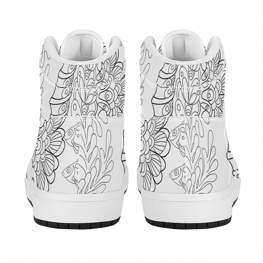 Black And White Seahorse Print High Top Leather Sneakers