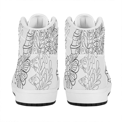 Black And White Seahorse Print High Top Leather Sneakers