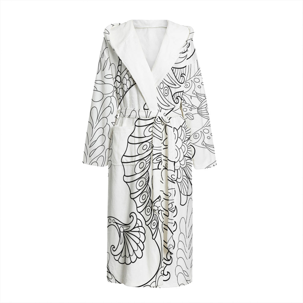Black And White Seahorse Print Hooded Bathrobe