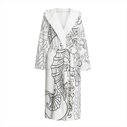 Black And White Seahorse Print Hooded Bathrobe