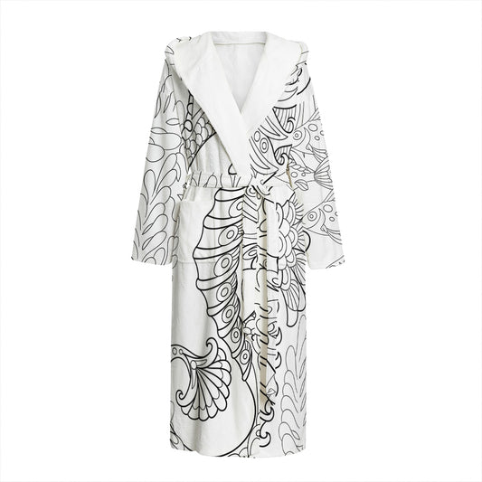 Black And White Seahorse Print Hooded Bathrobe