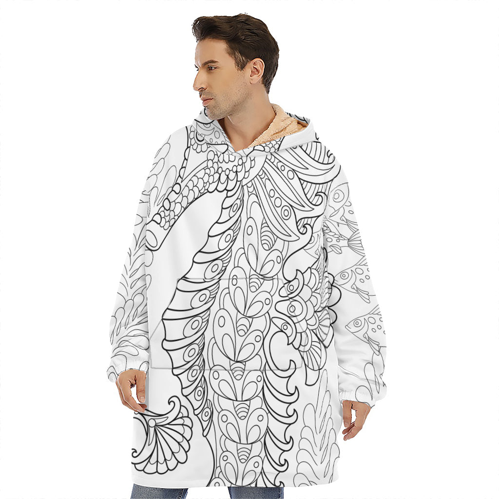 Black And White Seahorse Print Hoodie Blanket