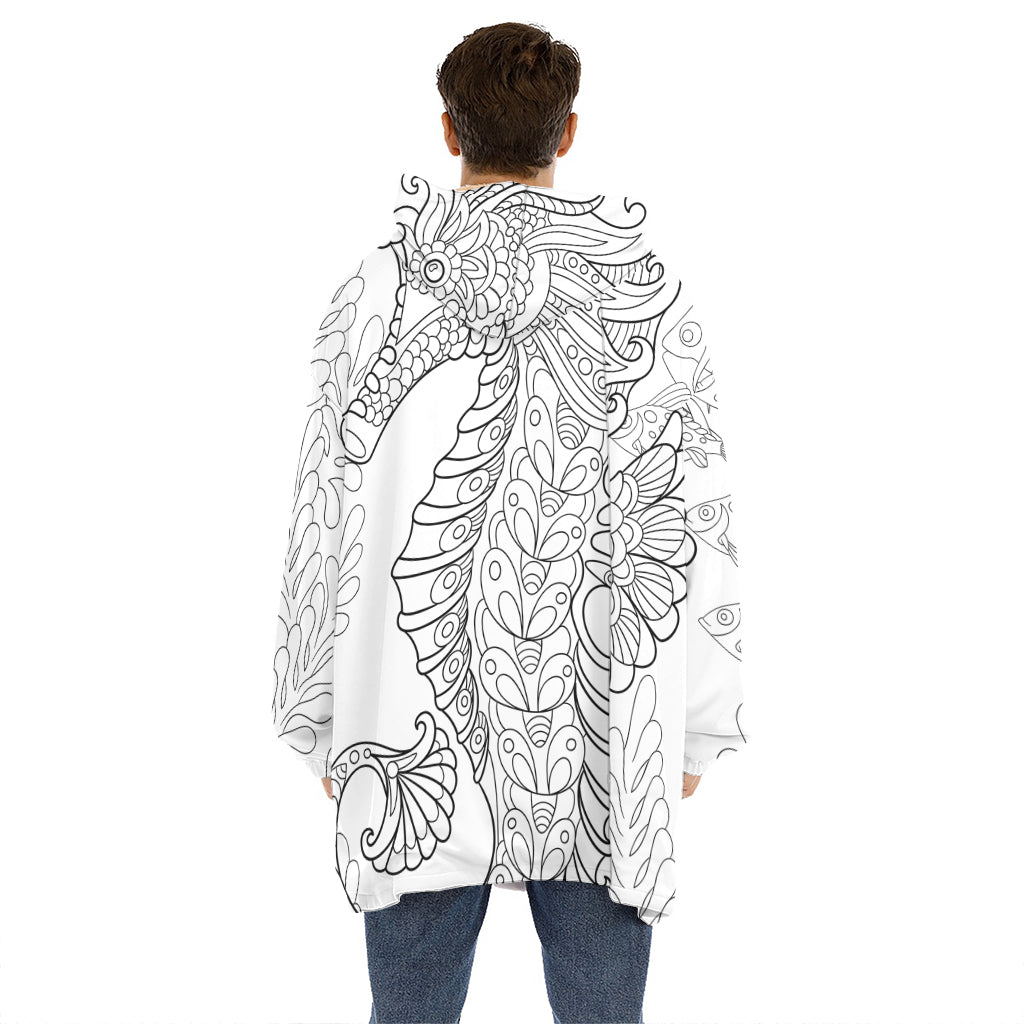 Black And White Seahorse Print Hoodie Blanket