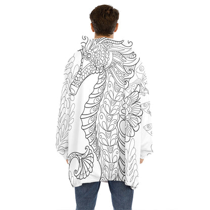 Black And White Seahorse Print Hoodie Blanket