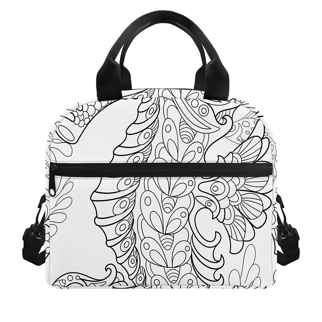 Black And White Seahorse Print Insulated Lunch Bag
