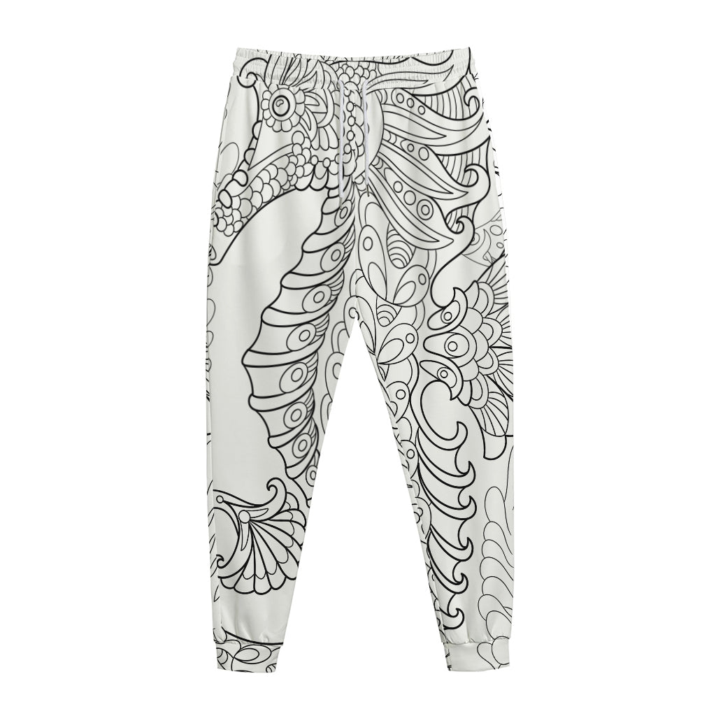 Black And White Seahorse Print Jogger Pants