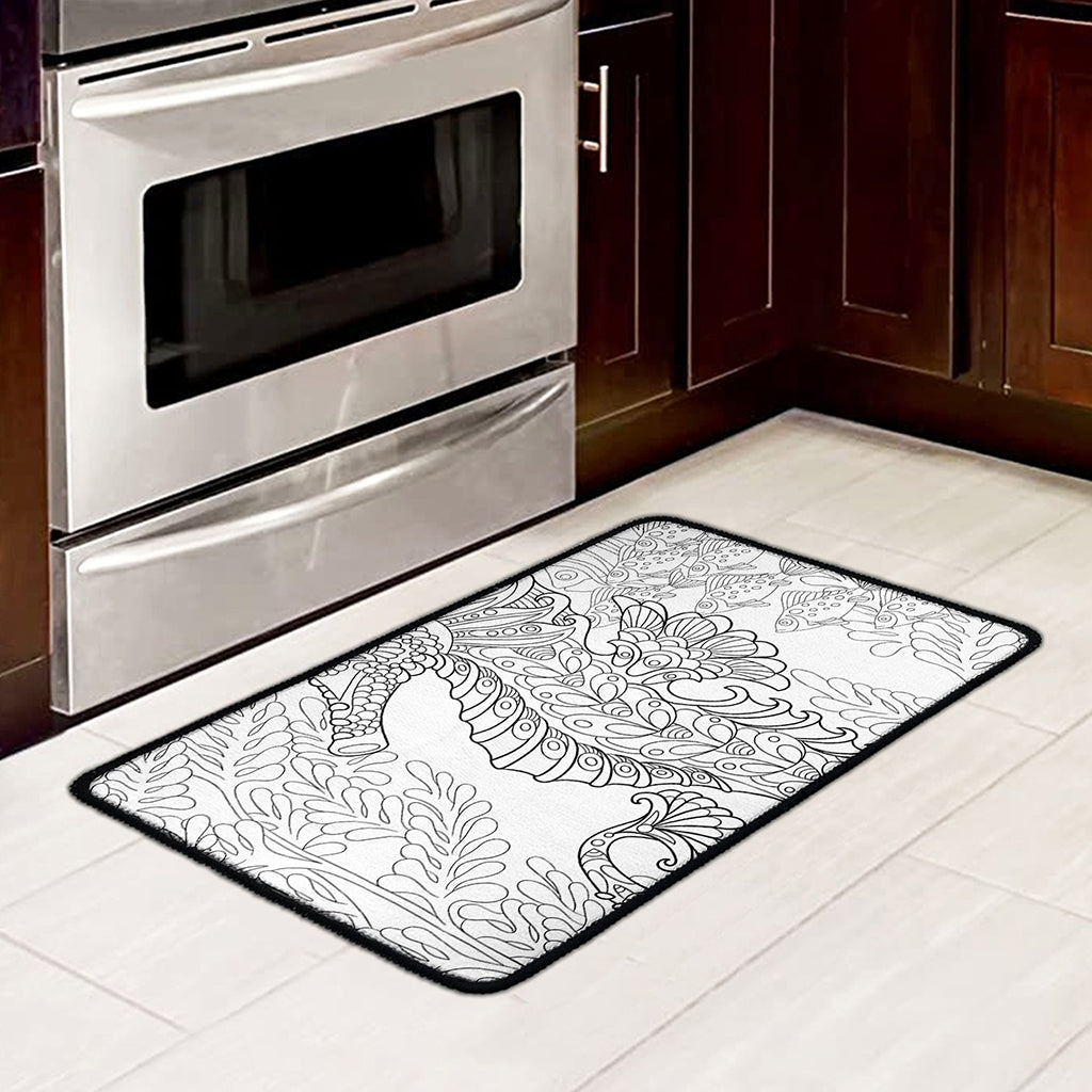 Black And White Seahorse Print Kitchen Mat