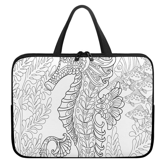 Black And White Seahorse Print Laptop Sleeve With Handle