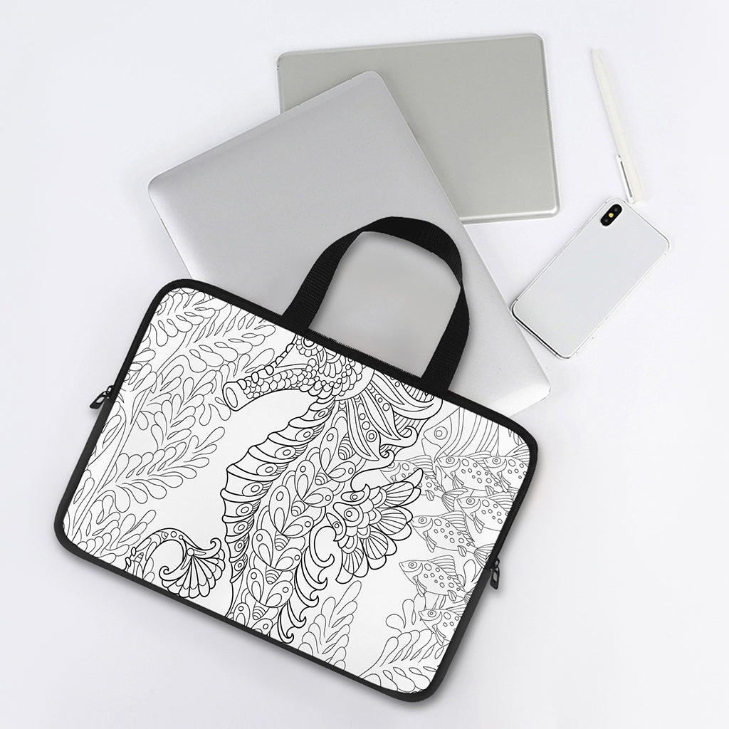 Black And White Seahorse Print Laptop Sleeve With Handle