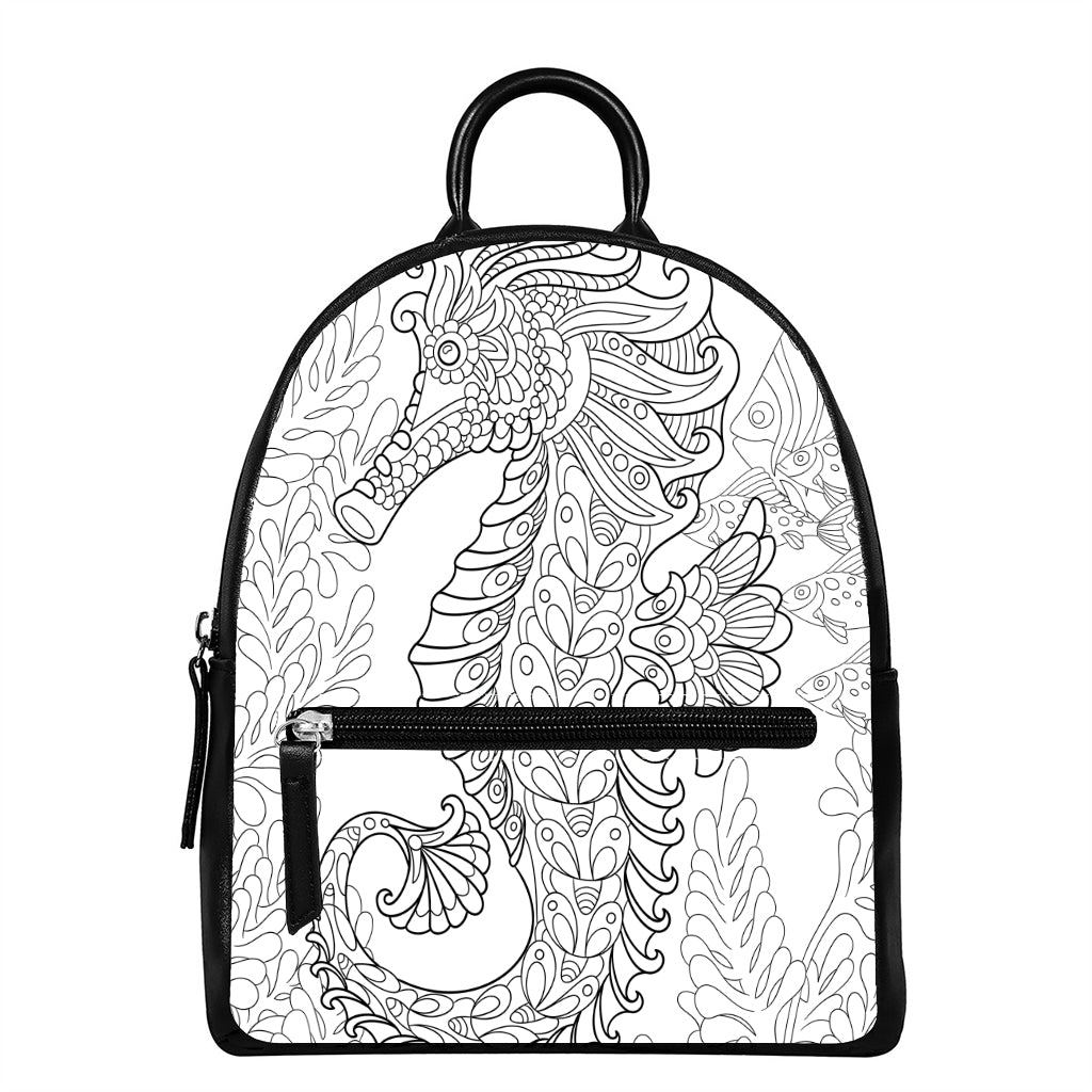 Black And White Seahorse Print Leather Backpack