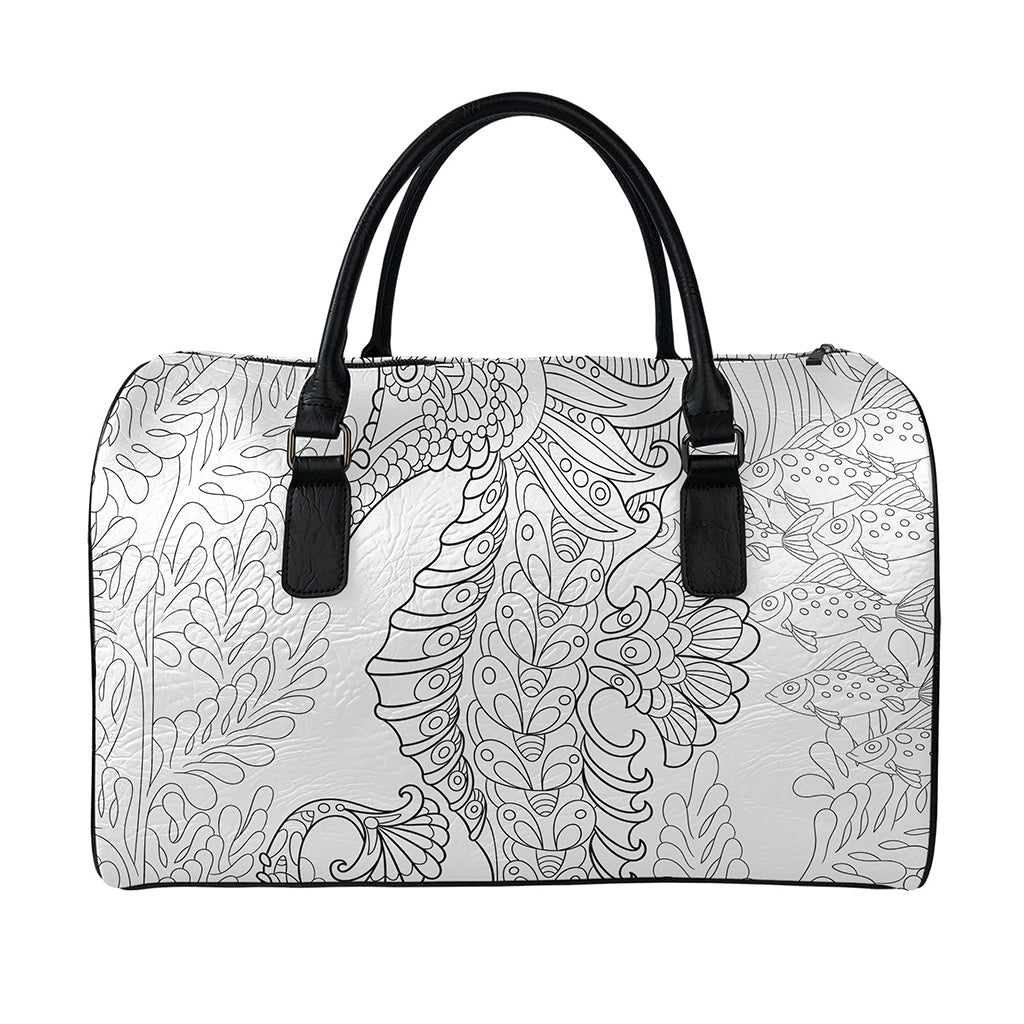 Black And White Seahorse Print Leather Duffle Bag