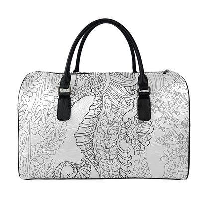 Black And White Seahorse Print Leather Duffle Bag