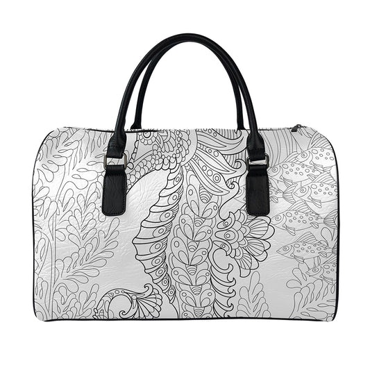 Black And White Seahorse Print Leather Duffle Bag