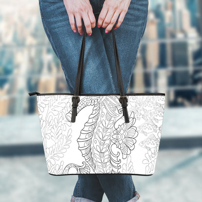 Black And White Seahorse Print Leather Tote Bag