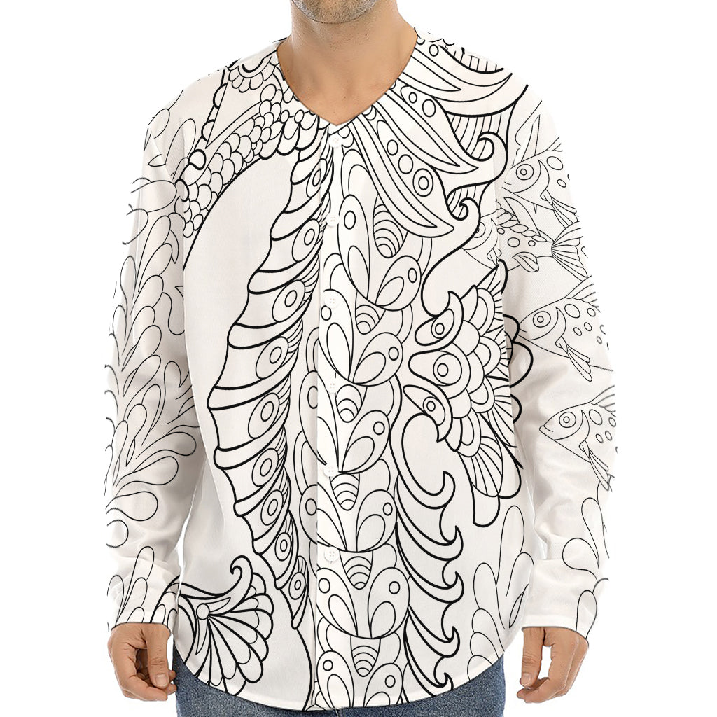 Black And White Seahorse Print Long Sleeve Baseball Jersey