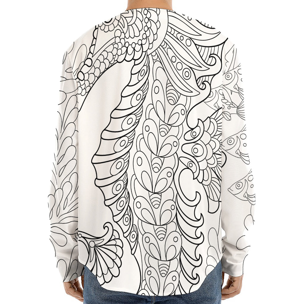 Black And White Seahorse Print Long Sleeve Baseball Jersey