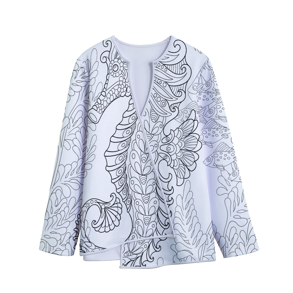 Black And White Seahorse Print Long Sleeve Short Coat