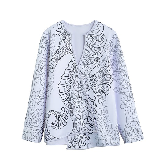 Black And White Seahorse Print Long Sleeve Short Coat