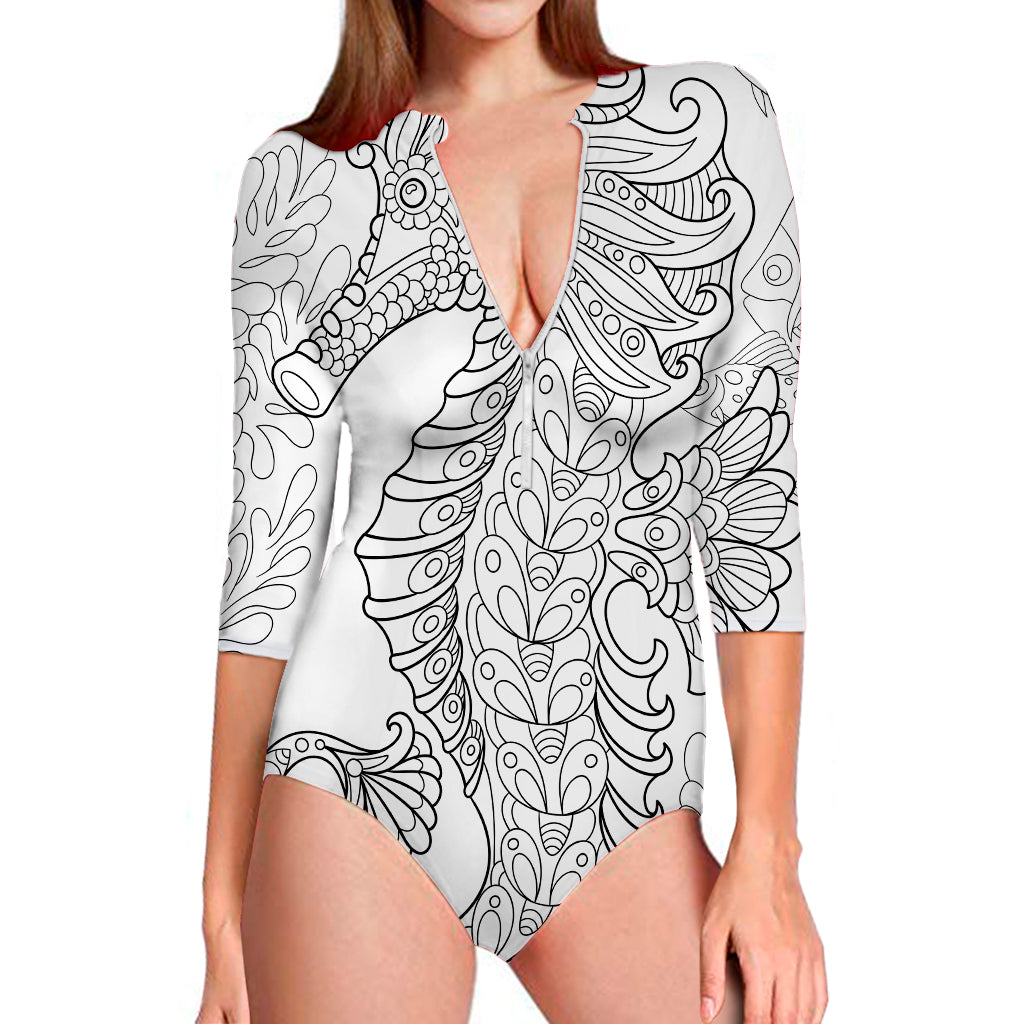 Black And White Seahorse Print Long Sleeve Swimsuit