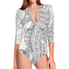 Black And White Seahorse Print Long Sleeve Swimsuit