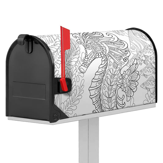 Black And White Seahorse Print Mailbox Cover