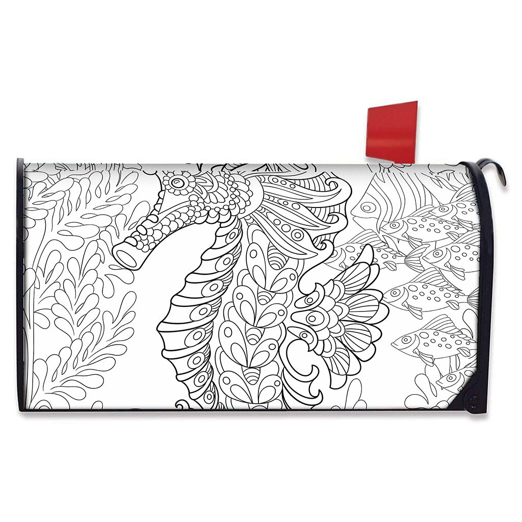 Black And White Seahorse Print Mailbox Cover