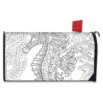 Black And White Seahorse Print Mailbox Cover