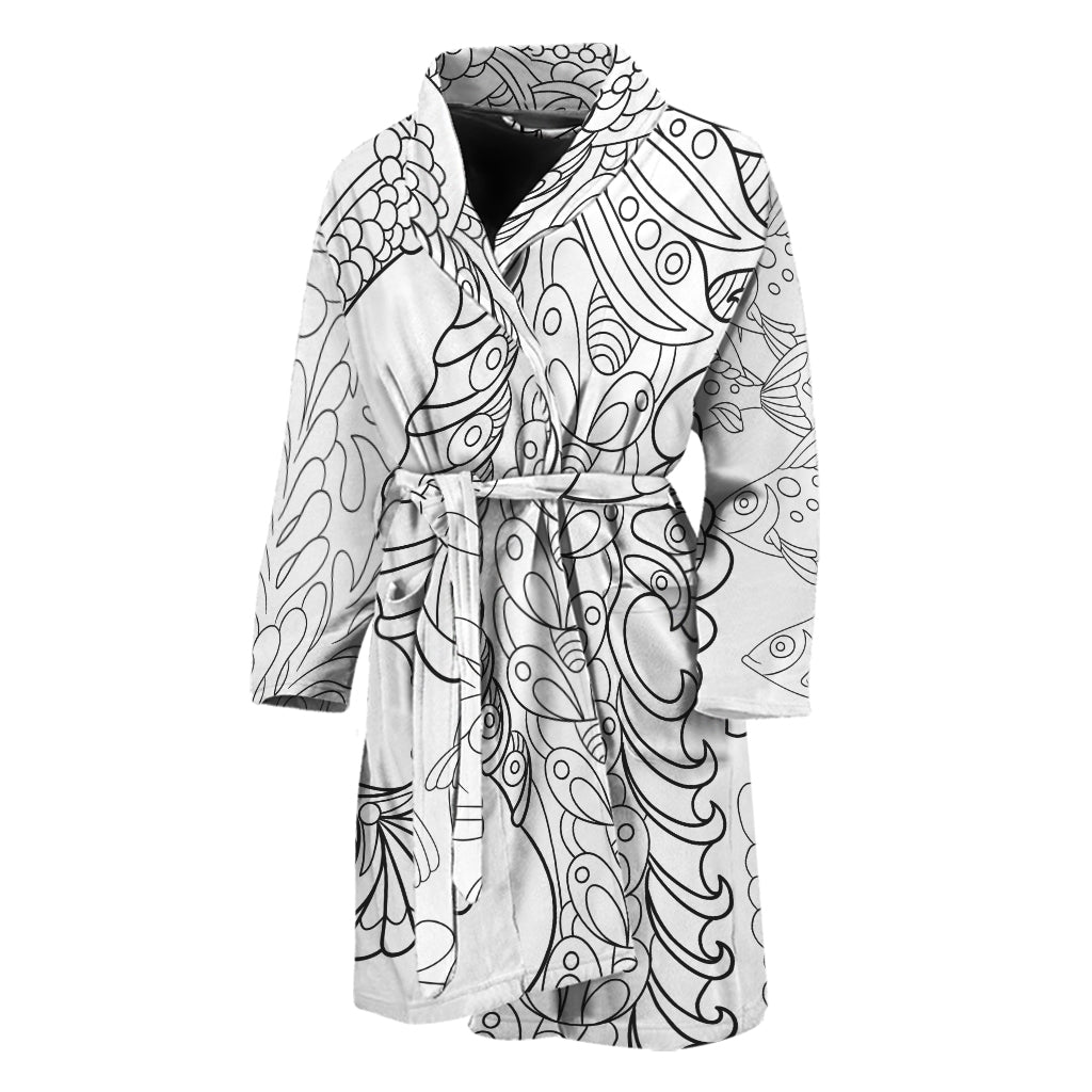 Black And White Seahorse Print Men's Bathrobe