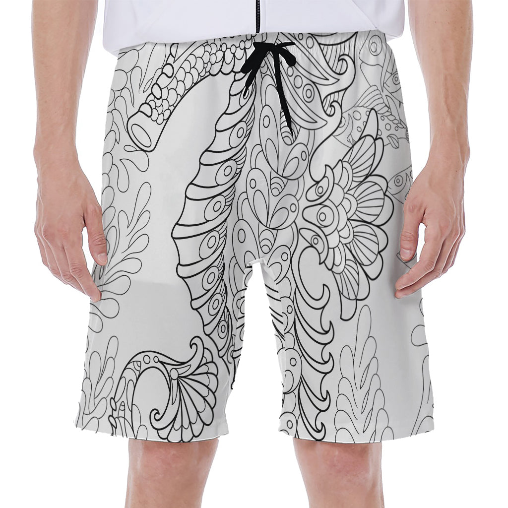 Black And White Seahorse Print Men's Beach Shorts