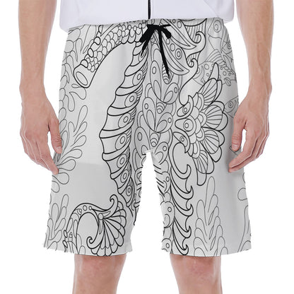 Black And White Seahorse Print Men's Beach Shorts