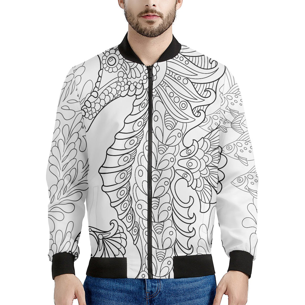Black And White Seahorse Print Men's Bomber Jacket
